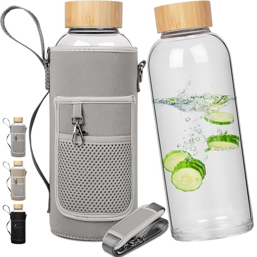 48 oz Sports Borosilicate Glass Water Bottle with Bamboo Lid with Neoprene Sleeve - color: Grey-x