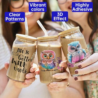 UV DTF Cup Wrap Transfer Stickers, 4 Sheets Owl Rub On Transfers for Tumblers Water Bottles Glass Cups Mugs Ceramics - style: Owl