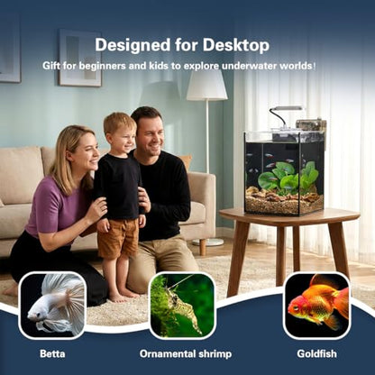 Fish Tank Kit,2.2 Gallon Small Aquarium,Ultra-Clear Nano Aquarium,Betta Fish Tank,Small Fish Tank,Aquarium Starter kit with Light,Filter,Pine Skin Stone,Sand and Artificial Plants - size: 7"L x 7"W x 9.84"H