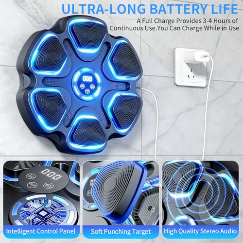 Leann L!fe Music Boxing Machine, Bluetooth Wall Mounted Boxing Trainer for Adults & Teens, Strong Adhesive Mount (No Drill), 11 Modes & 9 Speeds, 2 Pairs of Boxing Gloves & Reflex Ball, Blue Light - color: Black-Blue Light