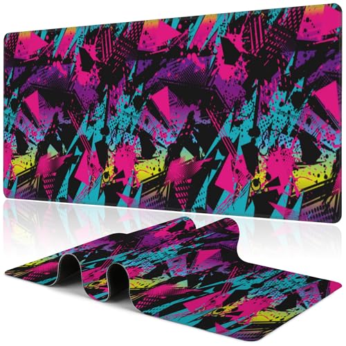 Abstract Grunge Elements Desk Mat,Large Neon Color Patterns Gaming Keyboard Mouse Pad,Non-Slip Rubber Base Desk Pad Thick Stitched Edges Waterproof Mousepad Mouse Mat 31.5"x11.8" - color: Abstract Grunge Elements