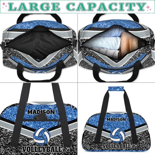 Personalized Volleyball Bag for Teens, Blue and Black Glitters Sequins | Custom Dance Bag Name Overnight Small Duffel Bag for Practice Gymnastics Ballet Sports Bag - color: Blue Black