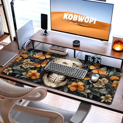 35.4 x 15.7 in, XXL Large Mouse Pad for Desk, Extended Keyboard Mouse Mat for Computer Office, Big Mouse pad with Stitched Edges, Gaming Pc-Skull Butterfly Flowers - color: Skull Butterfly Flowers