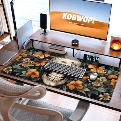 35.4 x 15.7 in, XXL Large Mouse Pad for Desk, Extended Keyboard Mouse Mat for Computer Office, Big Mouse pad with Stitched Edges, Gaming Pc-Skull Butterfly Flowers - color: Skull Butterfly Flowers