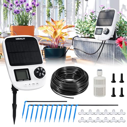 HIRALIY Solar Drip Irrigation System with Timer, Automatic Plant Watering Kit with USB Backup, 12 Drip Emitter Stakes, 40FT Tubing, Water Shortage Alarm for Potted Plants, Patio & Indoor Use - style: Drip Emitter Stake