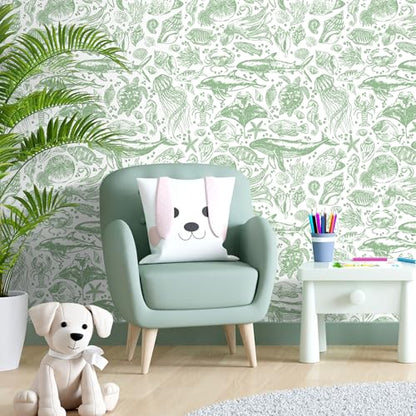 Livelynine Green Coastal Wallpaper Peel and Stick Removable Sage Green Tropical Fish Wallpaper Self Adhesive Ocean Beachy Coastal Contact Paper for Drawers Nautical Octopus Jellyfish Crab 17.5x78.8