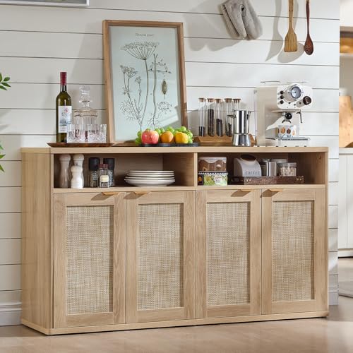 LEYAOYAO Rattan Sideboard Buffet Cabinet,55" Coffee Bar Cabinet with 4 Doors & Open Storage Shelf,Modern Credenza Console Table for Living Room Rattan Farmhouse Entryway Natural - color: Natural Oak, size: 15.35"D x 55.12"W x 31.89"H（4 doors）, style: Farm