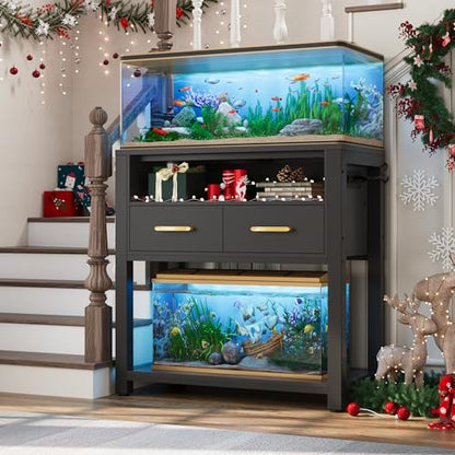 20-29 Gallon Aquarium Stand with Stable Metal Frame & Power Outlet, Heavy-Duty Fish Tank Stand with Waterproof Mat, 550LBS Capacity Storage Cabinet, Black