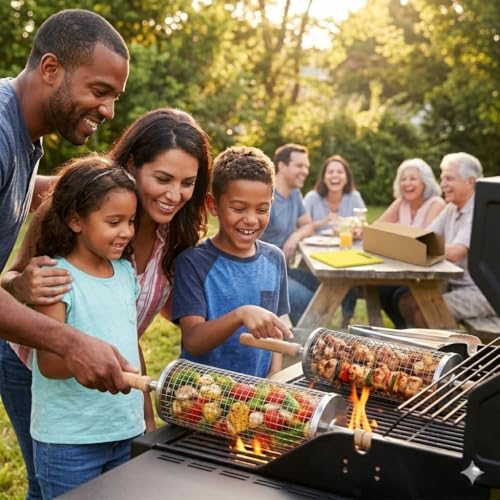 Rolling Grill Basket; 2 PCS; Stainless Steel; Nesting BBQ Tools; Grill Basket for Vegetables, Shrimp, Fish & Meat – Rotating BBQ for Outdoor Cooking and Grilling Accessories