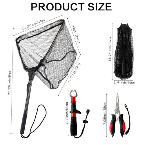 3Pcs Fishing Tool Kit Includes Folding Fishing Landing Net, Fish Lip Gripper, Multifunctional Pliers with Lanyard Sheath, Fishing Gear Accessories Equipment Gifts for Fishermen
