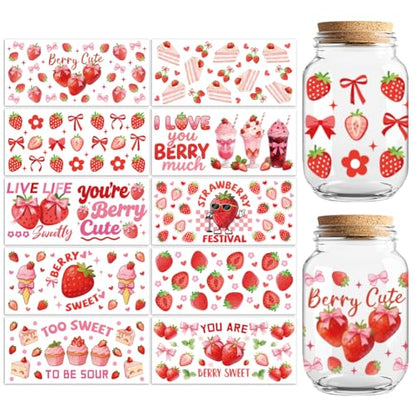 UV DTF Cup Wraps Transfer Stickers Strawberries with Cakes and Bows Pattern, 10 Sheets Waterproof Custom Vinyl Transfer Sticker 16oz Coffee Glass Cup Tumbler Bottle Mug Decals for Men Women - style: Strawberries with Cakes and Bows