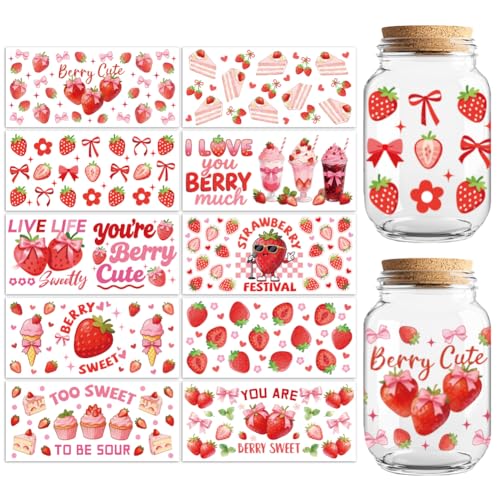 UV DTF Cup Wraps Transfer Stickers Strawberries with Cakes and Bows Pattern, 10 Sheets Waterproof Custom Vinyl Transfer Sticker 16oz Coffee Glass Cup Tumbler Bottle Mug Decals for Men Women - style: Strawberries with Cakes and Bows