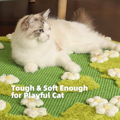 31 x 31 Inch 3D Garden Cat Scratcher Mat, Flower Sisal Cat Scratch Pad, Floor Cat Scratching Pads Rug for Indoor Cats, Protector for Wall&Carpets&Sofas, Green Moss Cat Claw Pad (White Flowers)