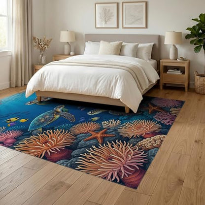 6'x9' Washable Beachy Fish Area Rug, Teal Foldable Non-Slip Large Carpet for Queen Size Bedroom, Under Bed, Master Bedroom, Foldable Easy Care Carpet| Ref:1955521 - color: Blue/Pattern 24, size: 6' x 9' (Rectangular)