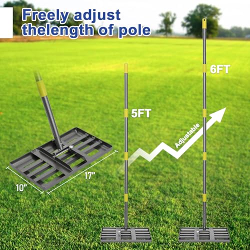 FLY HAWK Lawn Leveling Rake | Levelawn Tool | Level Soil or Dirt Ground Surfaces Easily | 18” x 10” Ground Plate | rakes for lawns Heavy Duty 72” Extra Long Handle | Extracted Iron Metal Black