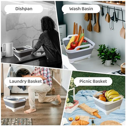 Collapsible Wash Basin with Drain Plug - 2.4 Gallon Foldable Kitchen Sink for Baby Bottles, RV Camping, Space-Saving Dish Tub (Gray-Gray) - color: Gray-gray