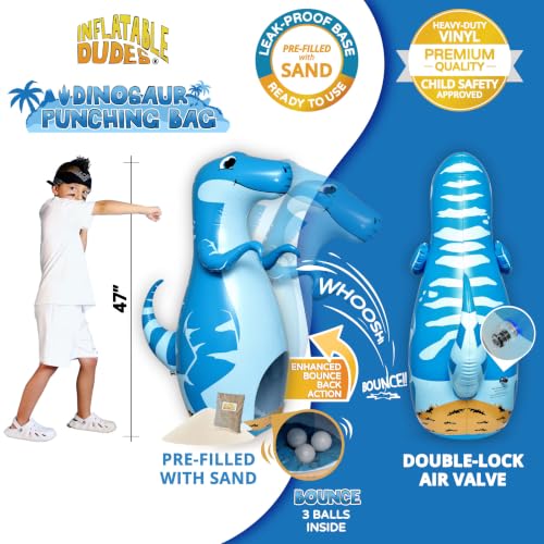 INFLATABLE DUDES Kids Punching Bag- Bop Bag | Sand-Base - color: Blue Raptor | Pre-filled with Sand, size: 47"