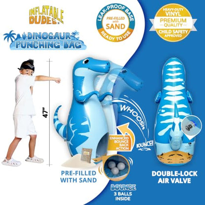 INFLATABLE DUDES Kids Punching Bag- Bop Bag | Sand-Base - color: Blue Raptor | Pre-filled with Sand, size: 47"