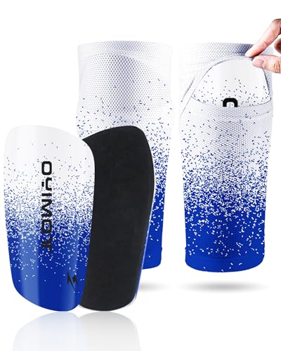 TOMIYO Soccer Shin Guards with Sleeves for Kids 10-12 Protective Equipment | Light Weight Shin Pads Sleeve with Pocket Espinilleras De Futbol Para Hombres,Soft EVA Protection to Reduce Impact for Player - color: Blue, size: Mdeiun