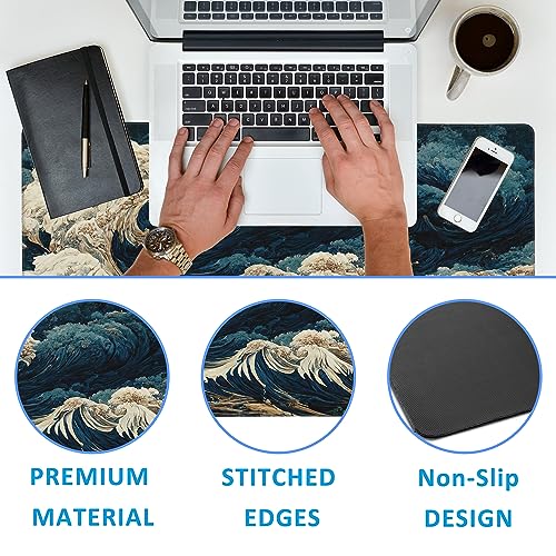 Japanese Ocean Waves Large Gaming Mouse Pad,Waterproof Desk Mat for Desktop,Non-Slip Rubber Base Mousepad with Stitched Edges for Laptop Office and Home 35.4X15.7 Inch - color: Japanese Ocean Waves
