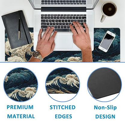Japanese Ocean Waves Large Gaming Mouse Pad,Waterproof Desk Mat for Desktop,Non-Slip Rubber Base Mousepad with Stitched Edges for Laptop Office and Home 35.4X15.7 Inch - color: Japanese Ocean Waves