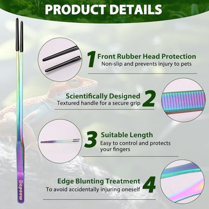 Reptile Feeding Tongs, Stainless Steel Long Tweezers Set, 3 Pack | 10.6" Straight & Curved Tweezers with Soft Rubber Tip, for Aquarium Terrarium, Crafts, Bearde Dragon Tank Accessories, Silver