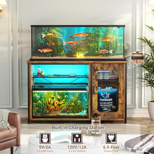 Unikito 55-75 Gallon Aquarium Stand with Power Outlets & LED Light, Reversible Fish Tank Stand with Cabinet for Fish Tank Accessories Storage, Heavy Duty Metal Frame, 880LBS Capacity, Rustic Brown