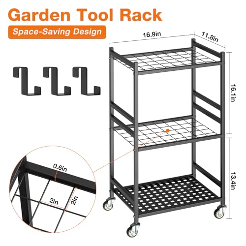 Garden Tool Organizer with Wheels, Heavy-Duty Yard Tool Rack with 3 Side Hooks, Holds Up to 40 Long-Handled Tools, Metal Garage Tool Storage for Lawn & Outdoor Organization