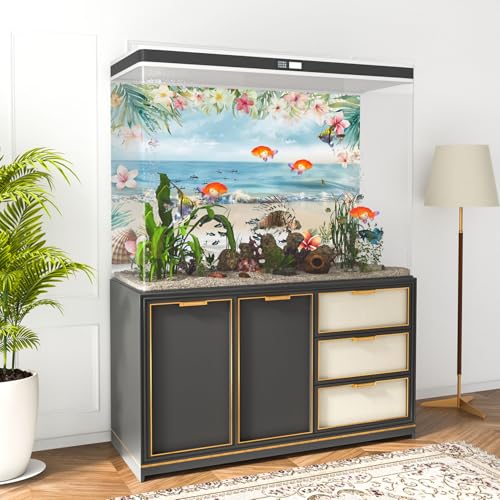 AWERT 36x18 inches Sea Beach Aquarium Background Blue Sky Seaside Beach Tropical Plants Flowers Shells Starfish Fish Tank Background Polyester Terrarium Background