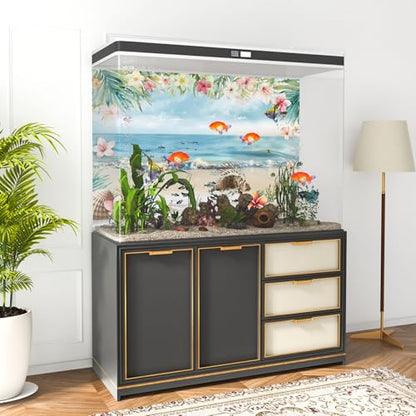 AWERT 36x18 inches Sea Beach Aquarium Background Blue Sky Seaside Beach Tropical Plants Flowers Shells Starfish Fish Tank Background Polyester Terrarium Background