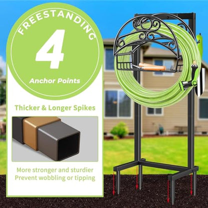 TomCare Garden Hose Holder Upgraded Water Hose Holder Heavy Duty 4 Spikes Hose Hanger Holds 160 Feet Hoses Stable Freestanding Hose Storage Organizer for Outside Yard - color: Black