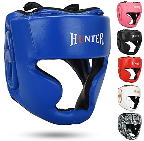 HUNTER Boxing Headgear for Youth & Adults, Adjustable Sparring Head Guard for MMA, Muay Thai, Kickboxing, Karate & Martial Arts Training, Full Coverage Cheek & Chin Protection - color: Blue, size: Small-Medium