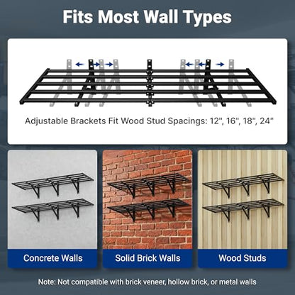 FLEXIMOUNTS 2-Pack 2x6ft Garage Wall Shelving with 8 Hooks, 1200lbs, Black | Heavy Duty Garage Shelving Wall Mounted, Rustproof Finish, Storage for Power Tools, Garden Supplies, Storage Bin, Lite Series - size: 2 pack-2x6 ft