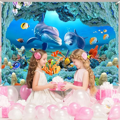 Ocean Dolphins Backdrop 8x6 FT Under the Sea Cave Photo Backdrops Underwater Corals Fish Party Decorations Background Kinds Adult Baby Shower Birthday Photo Booth Props