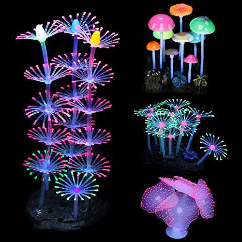 4 Pack Glow Aquarium Decorations Coral Reef Glowing Mushroom Anemone Simulation Glow Plant Glowing Effect Silicone for Fish Tank Decorations - color: 4 Pcs(coral Reef+branch Coral+mushroom+anemone)