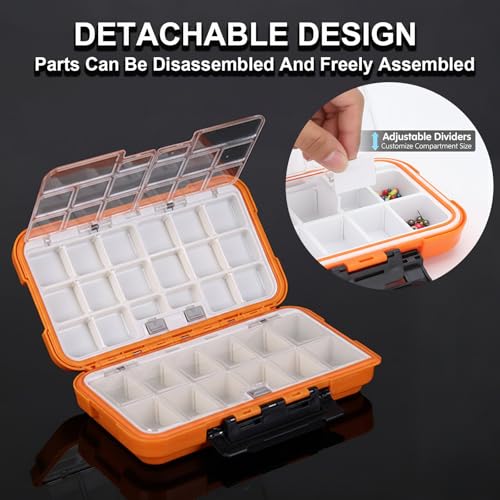 Small Tackle Box Organizer 3 Pack, Mini Portable Waterproof Fishing Lure Boxes with Removable Dividers, Double-Sided Plastic Storage Containers Terminal Fishing Tackle Box Organizer(Green,Orange,Gray)