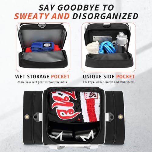 Boxing Gym Duffle Bag, Breathable Mesh Gym Bag for Boxing Gear | Ventilated Design, Wet Pocket, Privacy Pocket, Removable Shoulder Strap | Boxing, MMA, Muay Thai, BJJ & Wrestling Workout Bag - color: White