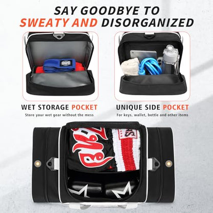 Boxing Gym Duffle Bag, Breathable Mesh Gym Bag for Boxing Gear | Ventilated Design, Wet Pocket, Privacy Pocket, Removable Shoulder Strap | Boxing, MMA, Muay Thai, BJJ & Wrestling Workout Bag - color: White