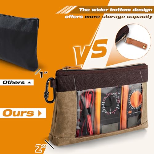 4 Pack Heavy Duty Tool Pouch with Carabiner, 12” Canvas Tool Pouch Bag with Clear Window (4 Colors: Black, Gray, Green, Khaki)