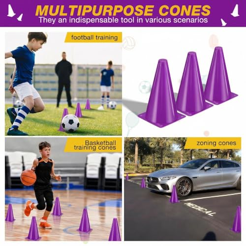 24pcs Cones 9 Inch Soccer Cones and Plastic Traffic Cones, Durable Cones for Sports Training, Ideal for Soccer, Basketball, Football, Skating, and Agility Drills Practice - color: purple