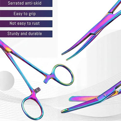 BBTO Hemostat Curved and Straight Hemostat Forceps Piercing Pliers Forceps, Stainless Steel Straight and Curved Pliers, Fishing Tweezer(Colorful,3 Pcs)