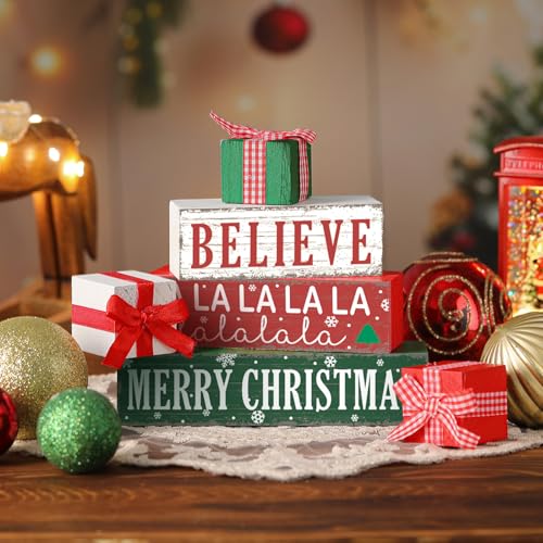 4 Pieces Merry Christmas Wooden Table Decorations Xmas Wood Gift Boxes Decor Rustic Christmas Tiered Tray Decor Xmas Believe Tabletop Centerpieces for Home Desk Room Kitchen Shelf - style: Gift