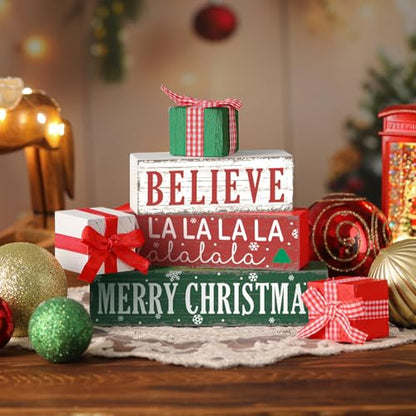 4 Pieces Merry Christmas Wooden Table Decorations Xmas Wood Gift Boxes Decor Rustic Christmas Tiered Tray Decor Xmas Believe Tabletop Centerpieces for Home Desk Room Kitchen Shelf - style: Gift