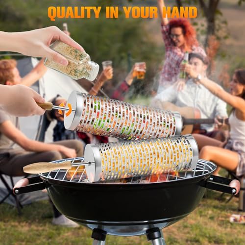 Nesting Grill Baskets (2 Pack), 304 Stainless Steel and Removable Wooden Handle, Rolling Grilling Net, BBQ Accessories Tools for Vegetables Shrimp, Outdoor Camping, Gifts for Men Dad Husband,Rectangle