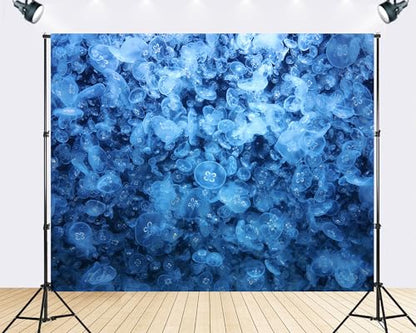 Trykid 8x8ft Moon Jellyfish Swarm Backdrop Blue Ocean Underwater Marine Life Photography Background Aquarium Themed Party Decoration Tapestry Photo Booth Prop Fabric - size: 8x8ft