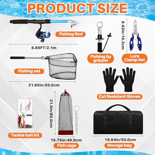 Telescopic Fishing Rod and Reel Combo, 6.89ft 2pcs Collapsible Rod with Plier Lip Gripper Lures Carrier Bag Pre-Loaded Spinning Reel Saltwater Freshwater Fishing Pole Kit