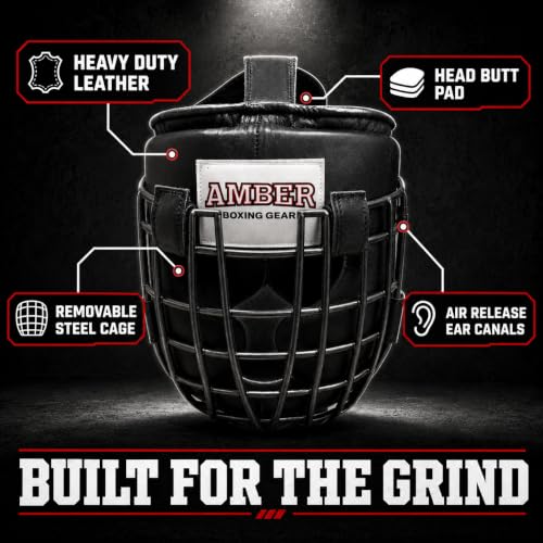Heavy Leather Headgear with Removable Face Mask, Adjustable Hook & Loop Closure - Ideal for Boxing, Kickboxing, MMA Training