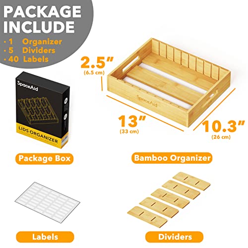 SpaceAid Bamboo Lid Organizer, Kitchen Pantry Lids Holder with 5 Adjustable Dividers for Cabinets, Food Storage Container Organizers, Natural