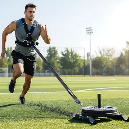 Resistance Sled Harness, Workout Training Sled Vest with Y-Shape Strap, 33.1-45.7 in Adjustable Waist, Five D-Rings, 62.5 in Towing Strap for Strength Training, Core Workout