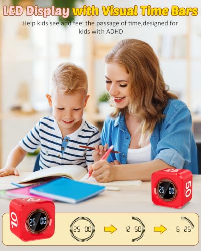 Digital Pomodoro Timer Cube 5/10/25/50min Preset, Silent & Sound Alarm - color: Red